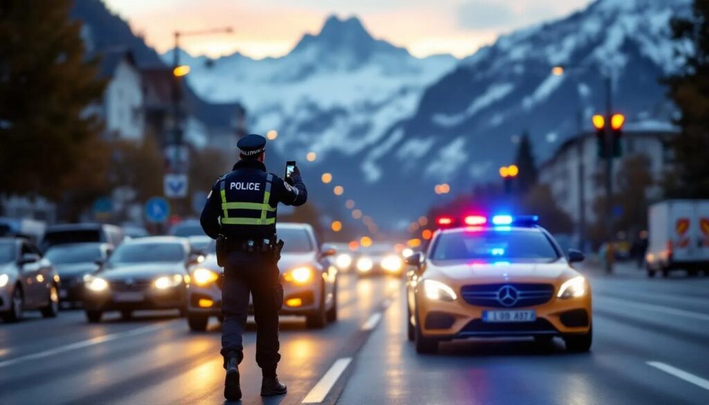 Auto auf Schweizer Straße mit Fokus auf Fahrvorschriften und Sicherheit